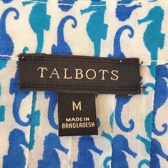 Talbots Blue & Teal Seahorse Print 3/4 Sleeve 1/2 Button Pleated Blouse Size M - Picture 6 of 7